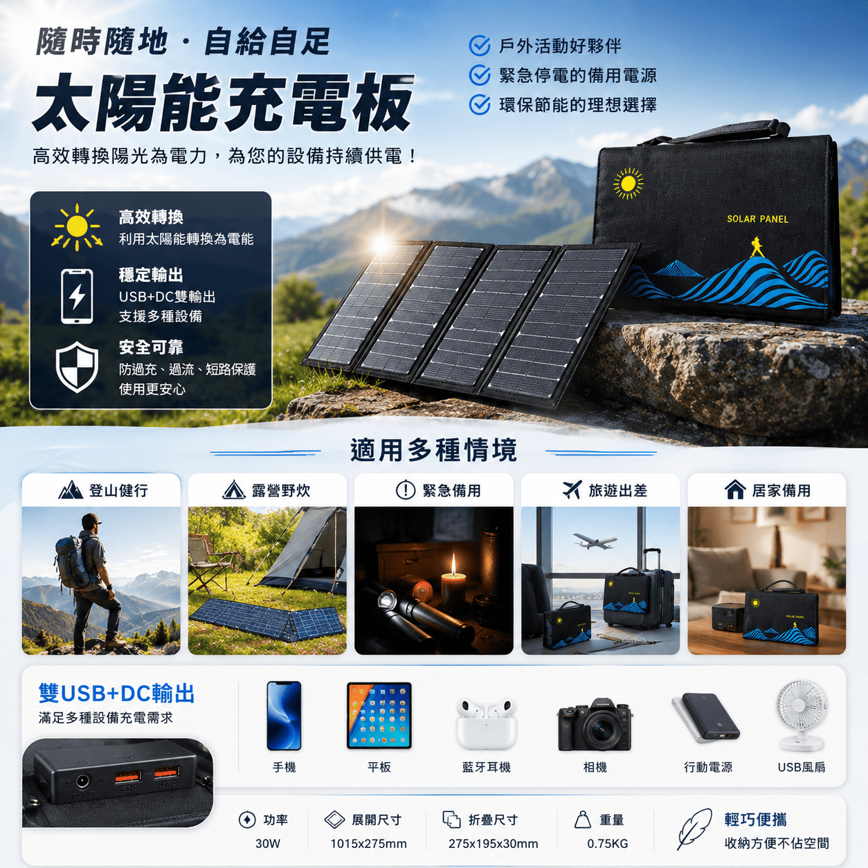 折疊式太陽能充電板(30W)